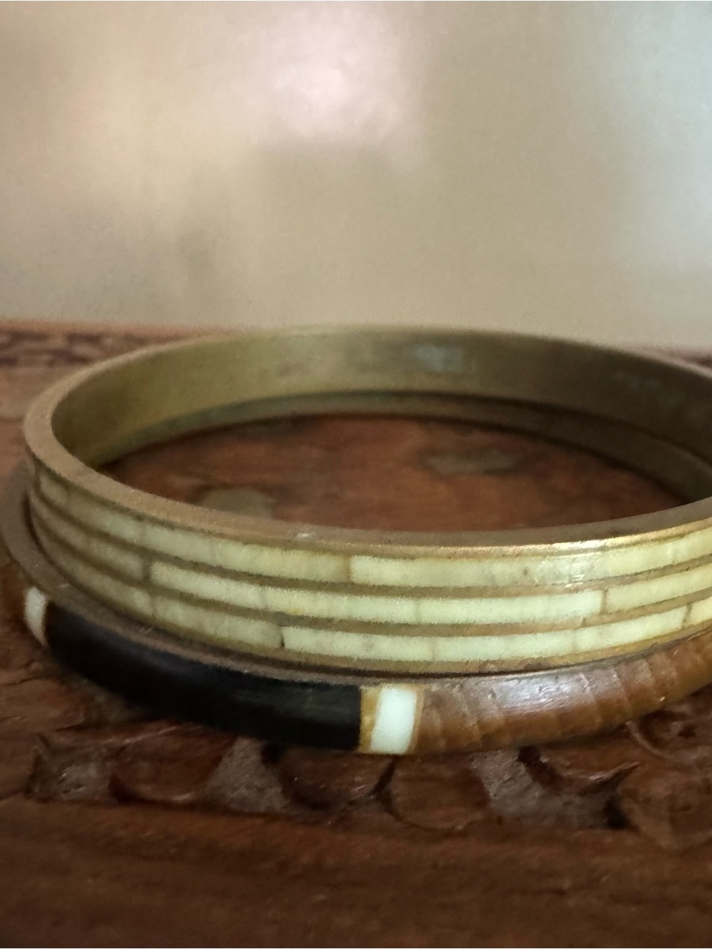 Vintage Bangle Set Bracelets Mother of Pearl Brass Wood Boho